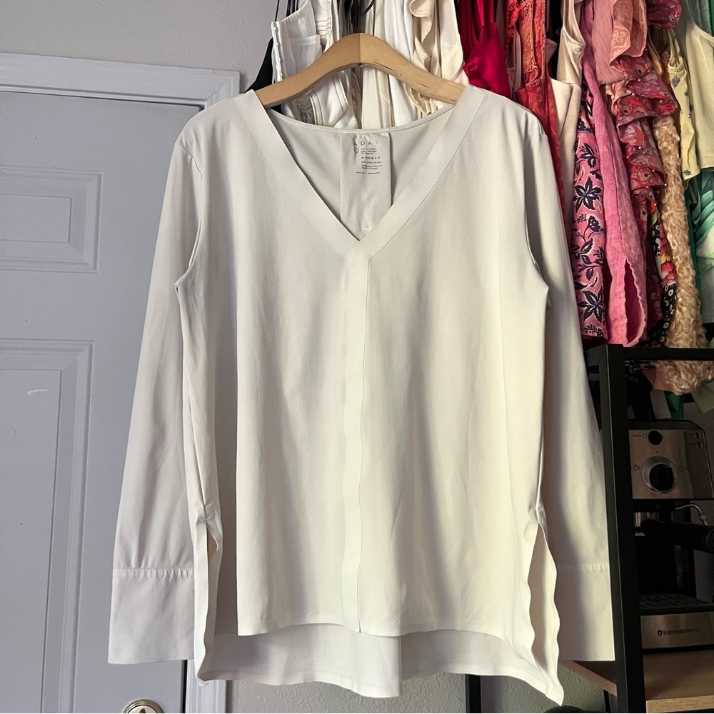 ADAY off white beige nude nylon blend popover long sleeve athletic shirt top